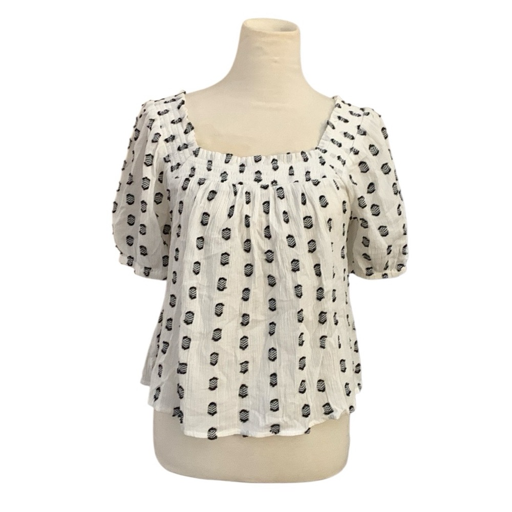 Loft clip smocked square neck embroidered peasant top